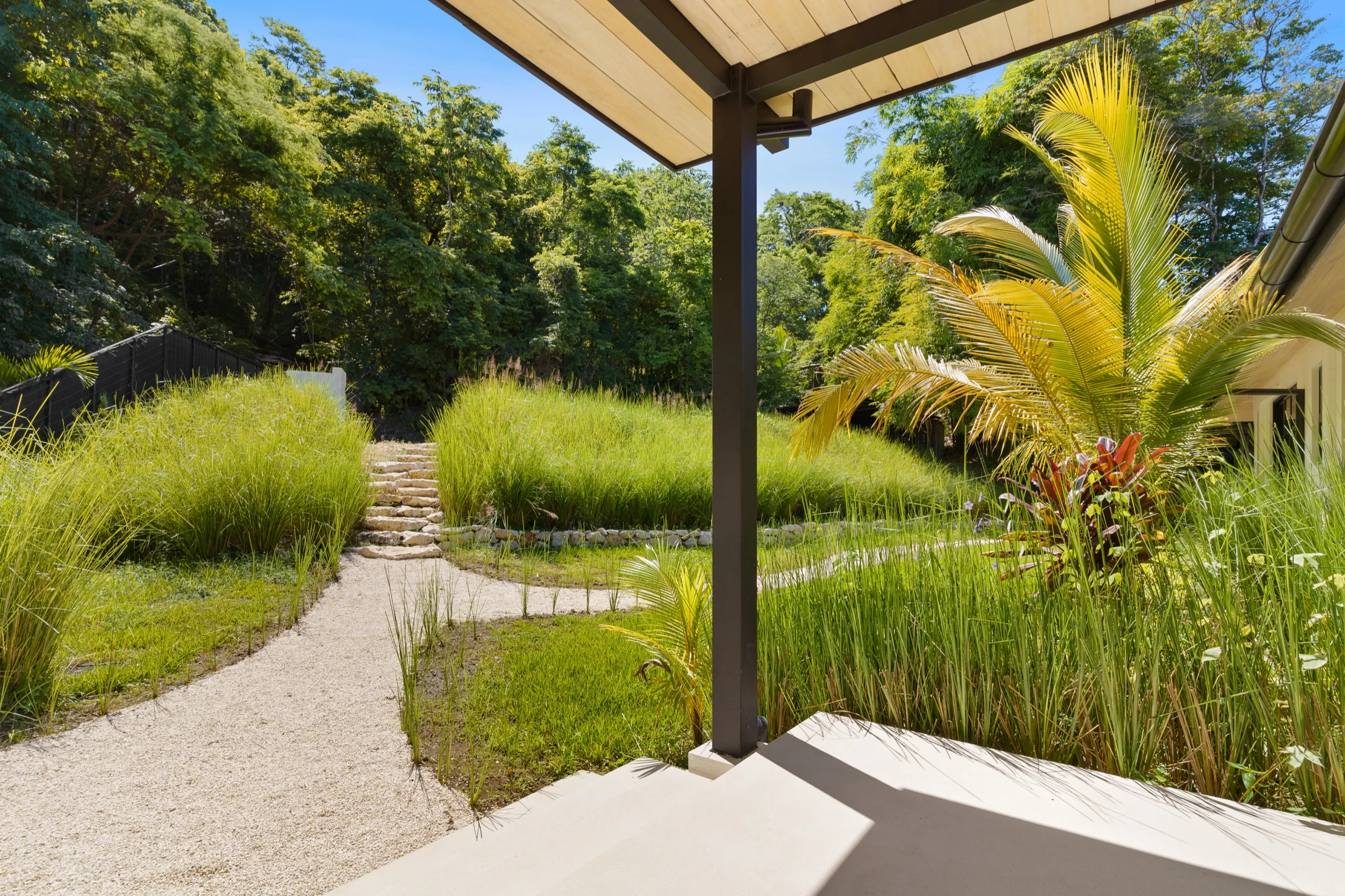 Gravel path winding through ornamental grasses and young palms beside the terrace